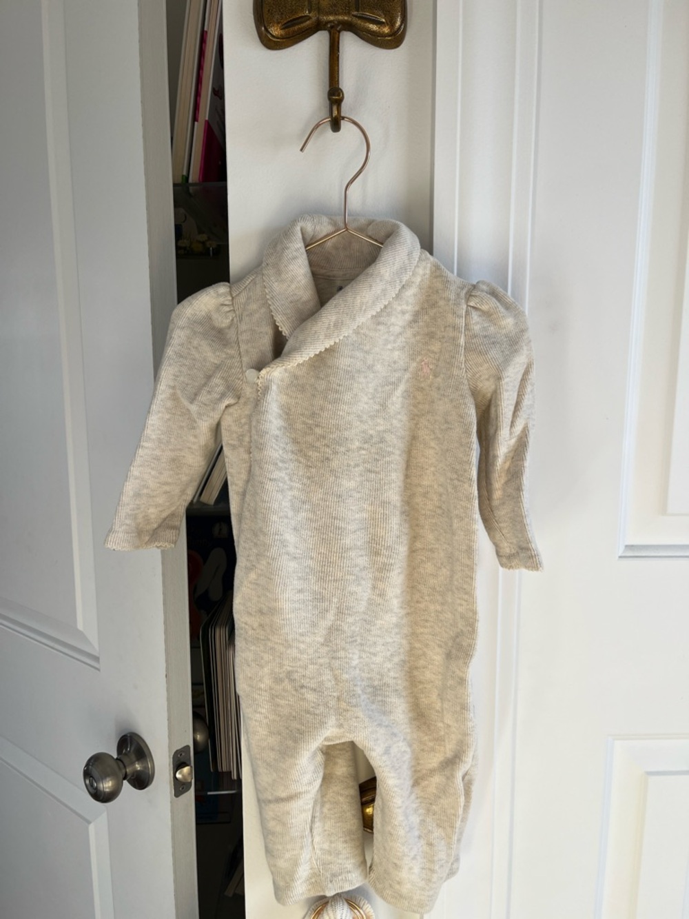 Ralph Lauren Ribbed Cotton Shawl Baby Romper - Cream Heather